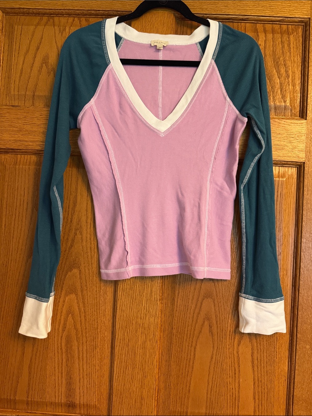 Pilcro Brand Pink and Teal Long-Sleeve V-Neck Top